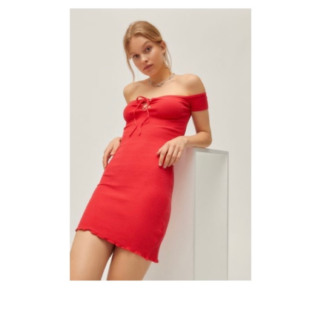 UO Belrose Lace-Up Off-The-Shoulder Mini Dress